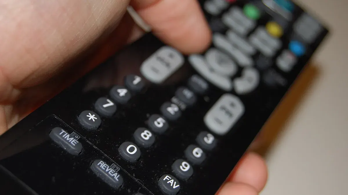 Televizyon kumandasını tutan bir el, yakın plan